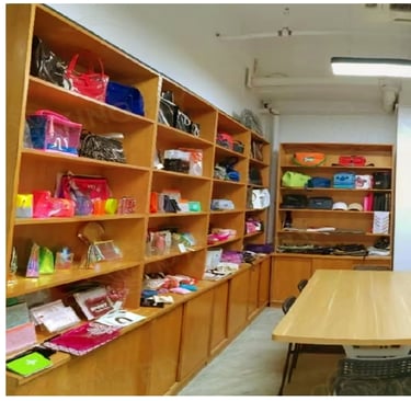 King Fly's extensive sample room, showcasing 28+ years of custom bag designs.