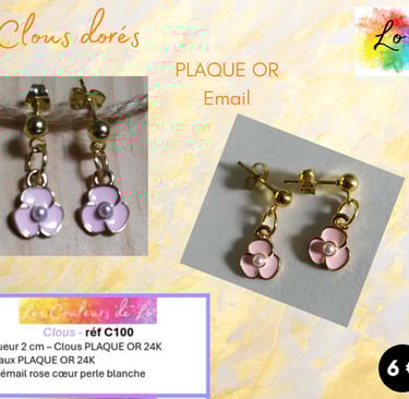 Boucles clous Plaqué or fleur émail rose Les Couleurs de Lo