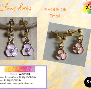 Boucles clous Plaqué or fleur émail rose Les Couleurs de Lo