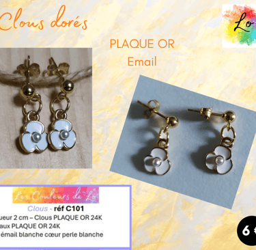 Boucles clous Plaqué or fleur émail blanc Les Couleurs de Lo