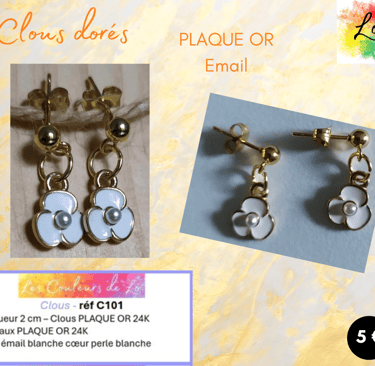 Boucles clous Plaqué or fleur émail blanc Les Couleurs de Lo