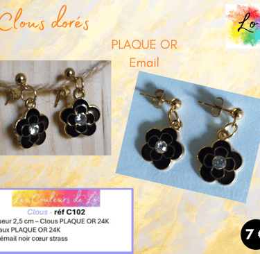 Boucles clous Plaqué or fleur émail noir les Couleurs de Lo