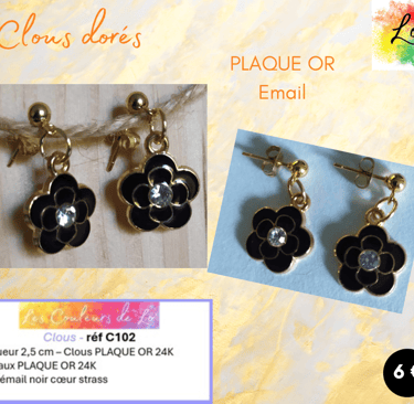 Boucles clous Plaqué or fleur émail noir les Couleurs de Lo