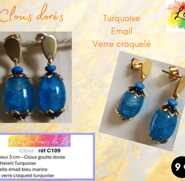 Boucles clous goutte dorée Turquoise coupelles émail verre craquelé turquoise Les Couleurs de Lo