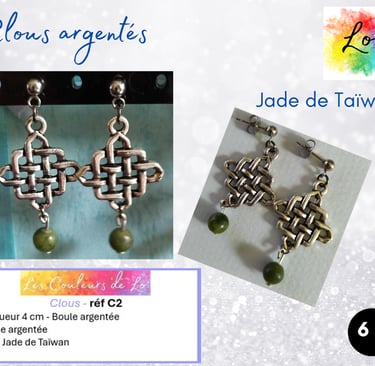 Boucles clous argentés tresse celtique métal Jade de Taïwan Les Couleurs de Lo
