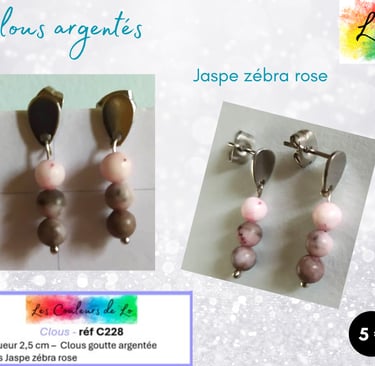 Boucles clous argentés Jaspe zébra rose Les Couleurs de Lo