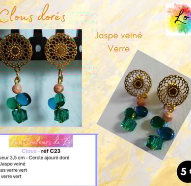 Boucles clous dorés fleur métal ajourée Jaspe veiné verre vert Les Couleurs de Lo
