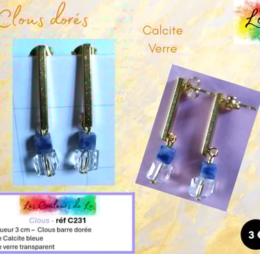 Boucles clous dorés Calcite bleue verre Les Couleurs de Lo