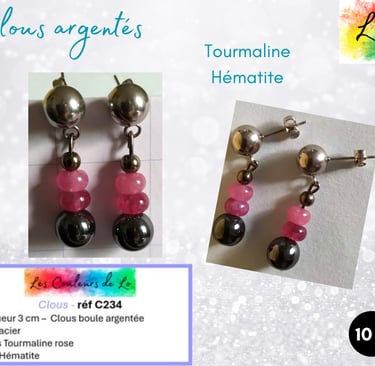 Boucles clous argentés Tourmaline rose Hématite Les Couleurs de Lo