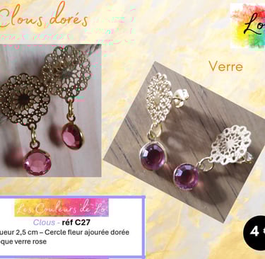 Boucles clous dorés fleur métal strass verre rose Les Couleurs de Lo