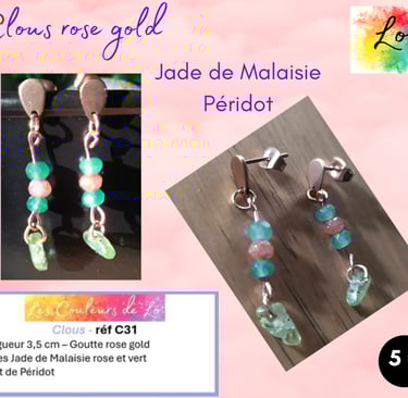 Boucles clous rose gold Jade de Malaisie Péridot Les Couleurs de Lo