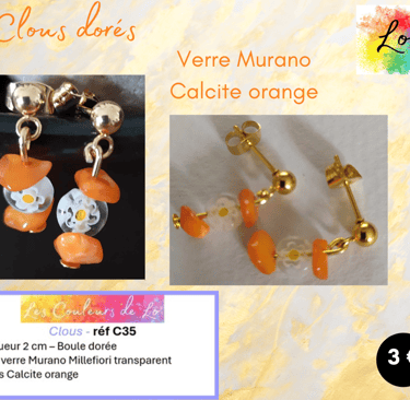 Boucles clous dorés verre Murano Millefiori Calcite orange Les Couleurs de Lo