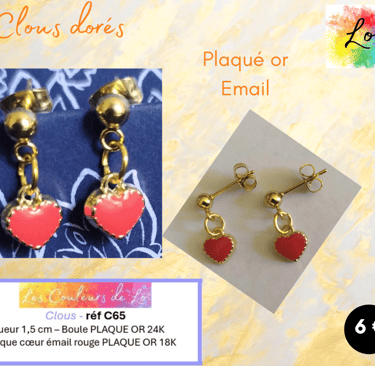Boucles clous Plaqué or cœur émail rouge Les Couleurs de Lo