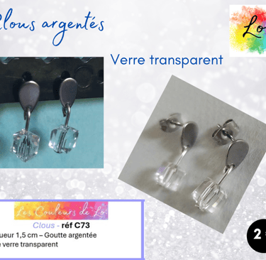 Boucles clous argentés verre transparent Les Couleurs de Lo