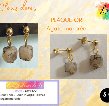 Boucles clous Plaqué or Agate marbrée Les Couleurs de Lo