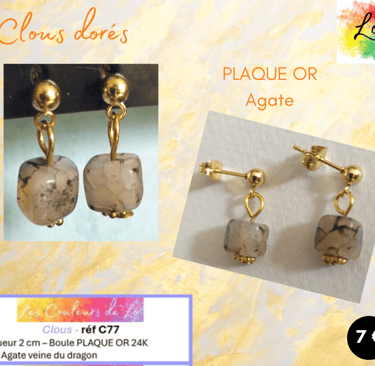 Clous d'oreille Plaqué or Agate veine de dragon Les Couleurs de Lo