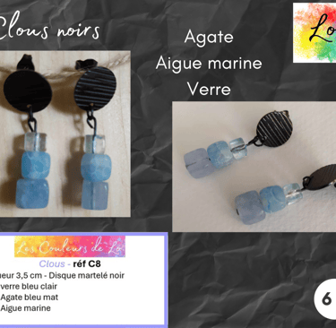 Boucles clous noirs Agate Aigue marine verre bleu Les Couleurs de Lo