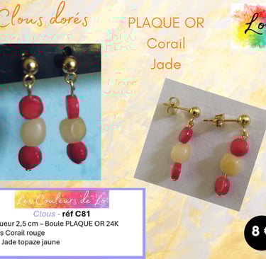 Boucles clous Plaqué or Corail Jade Les Couleurs de Lo