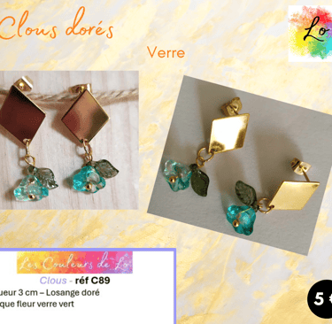 Boucles clous dorés losange acier fleur verre vert Les Couleurs de Lo