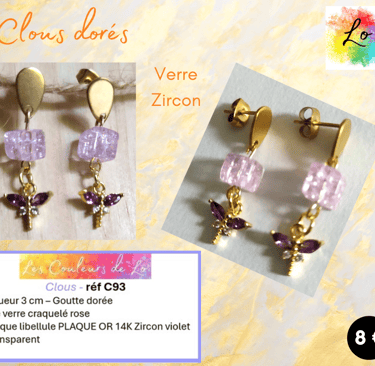 Boucles clous dorés verre craquelé rose libellule Zircon parme Les Couleurs de Lo