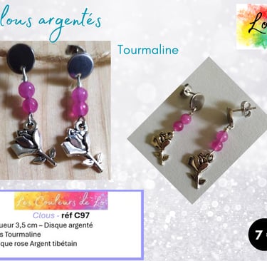 Boucles clous argentés Tourmaline fleur Argent tibétain Les Couleurs de Lo