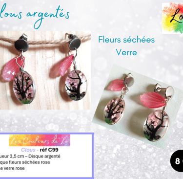 Boucles clous argentés disque acier fleurs séchées rose feuille verre rose Les Couleurs de Lo