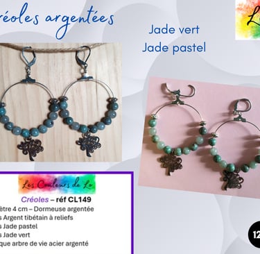 Créoles argentées 4 cm Jade vert Jade pastel arbre de vie Les Couleurs de Lo