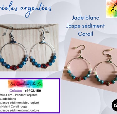 Créoles argentées 4 cm Jade blanc Jaspe sédiment Corail rouge Les Couleurs de Lo