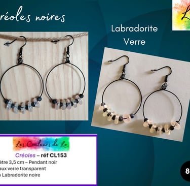 Créoles noires 3,5 cm Labradorite noire verre transparent Les Couleurs de Lo