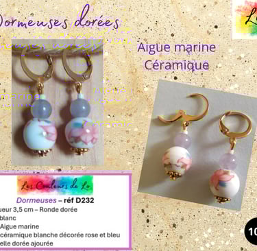 Boucles dormeuses dorées Aigue marine céramique décorée Les Couleurs de Lo