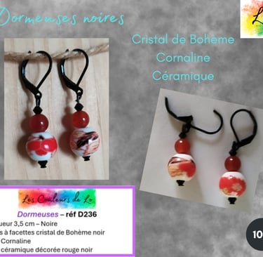 Boucles dormeuses noires cristal noir Cornaline céramique décorée Les Couleurs de Lo