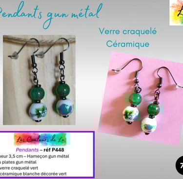 Boucles pendants gun métal verre craquelé céramique décorée Les Couleurs de Lo