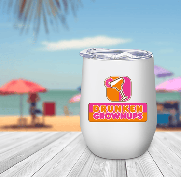 Wine tumbler at a beach scene with a colorful margarita glass logo that features a donut, not a lime & says drunken grownups.