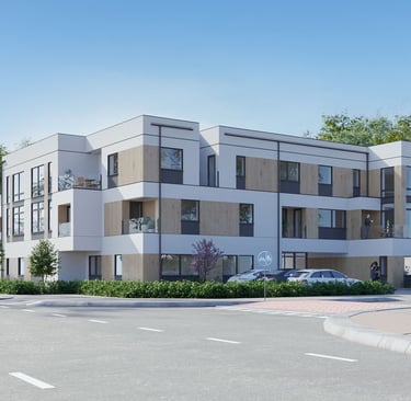 Exterior view of a contemporary residential building featuring large windows, clean lines, and modern architectural elements.