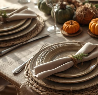 Thanksgiving place setting with stacked plates, woven placemats and linen napkins arranged with love