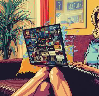 A woman sat on her sofa looking at a laptop