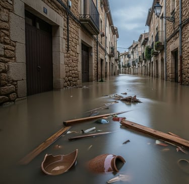 Calle estrecha de un pueblo histórico en Cataluña completamente inundada con agua turbia y escombros tras las lluvias torrenc