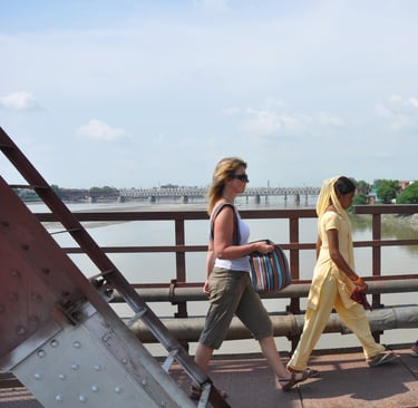 crossing the rail bridge to the Taj mahal, Agra, Utter Pradesh, India