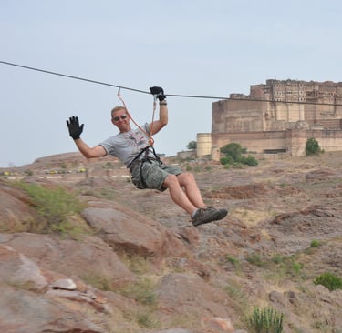 Zip wire or flying fox course at the Mehrangarh fort, Jodhpur, Rajasthan, India