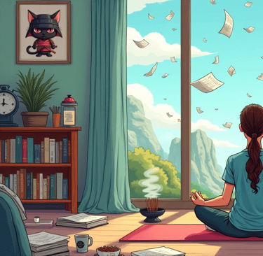 cartoon image of a medical student practising yoga