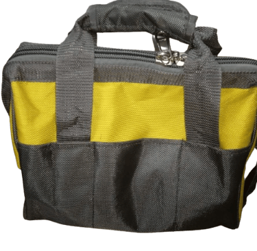 a yellow and gray makeup bag with handle 
