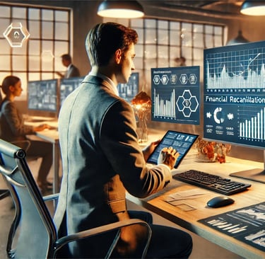 Homem olhando par gráficos de conciliação bancária na tela