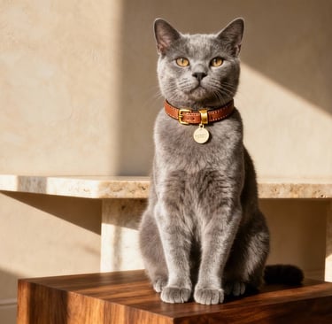Elegant British Shorthair cat wearing a handcrafted Italian leather luxury collar in natural light