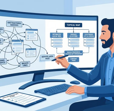 Local SEO expert mapping a business’s unstructured pages and converting them into a clear topical ma
