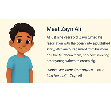 Zayn Ali, young author of Megalodon. The Monster Shark! smiling with his book