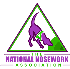 logo for the national nosework association (a green triangle with a purple sniffing dog)