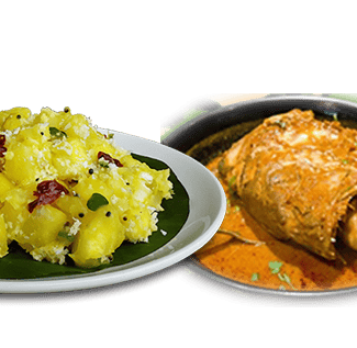 a plate of tapioca and a potted fish head in a pot