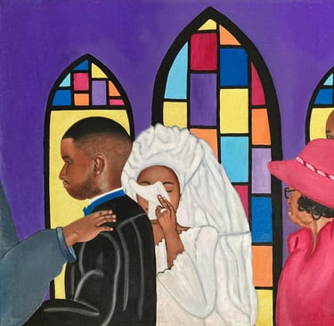 An original oil painting of a happy church wedding scene titled "Tears of Joy"