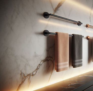 a bathroom with a marbled wall adorned by heated towel rails in a range of finishes