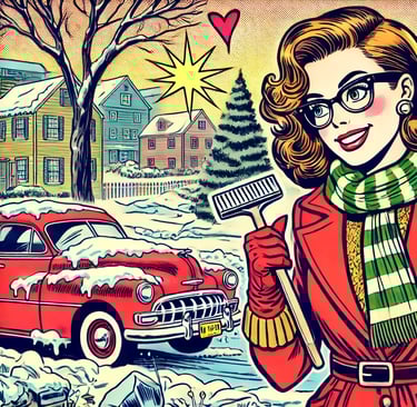 a woman in a red coat and a red car